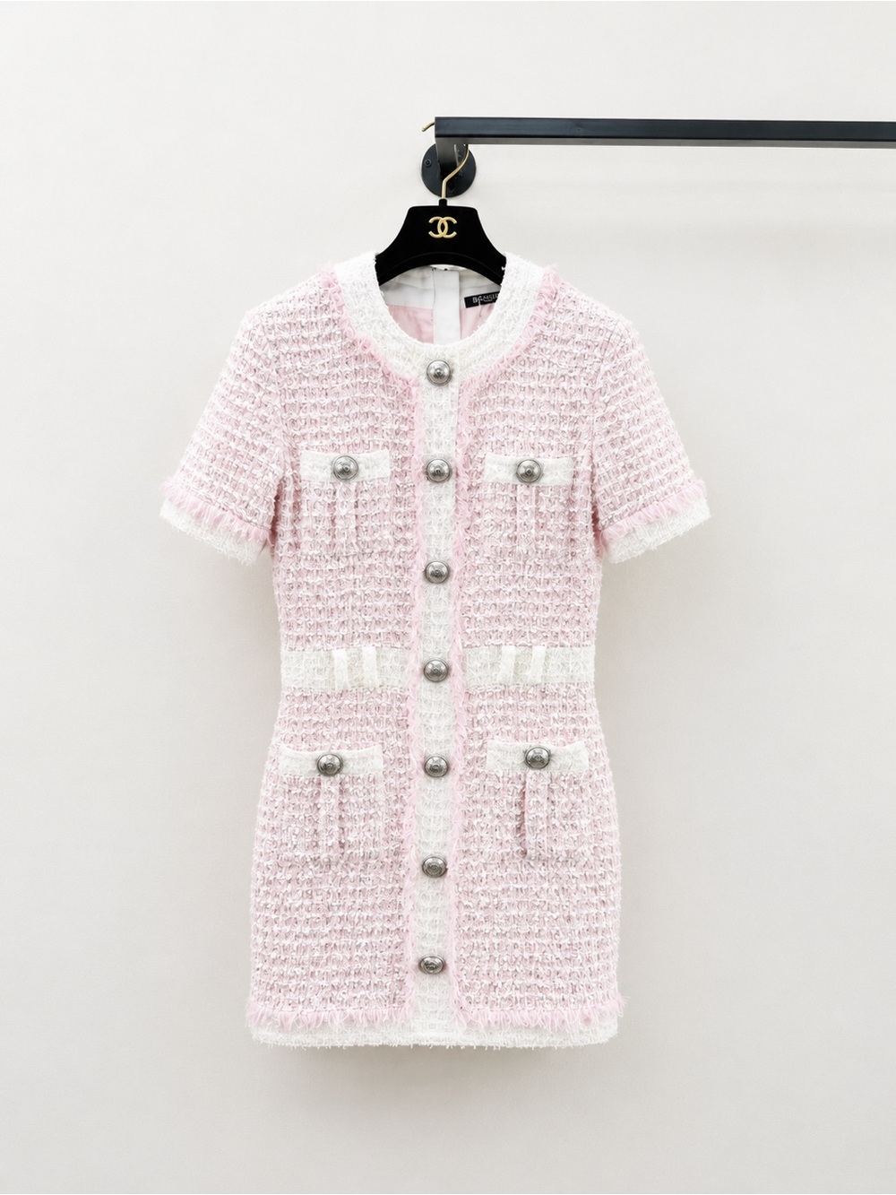 Balmain Pink Tweed Short-Sleeve Button Front Dress